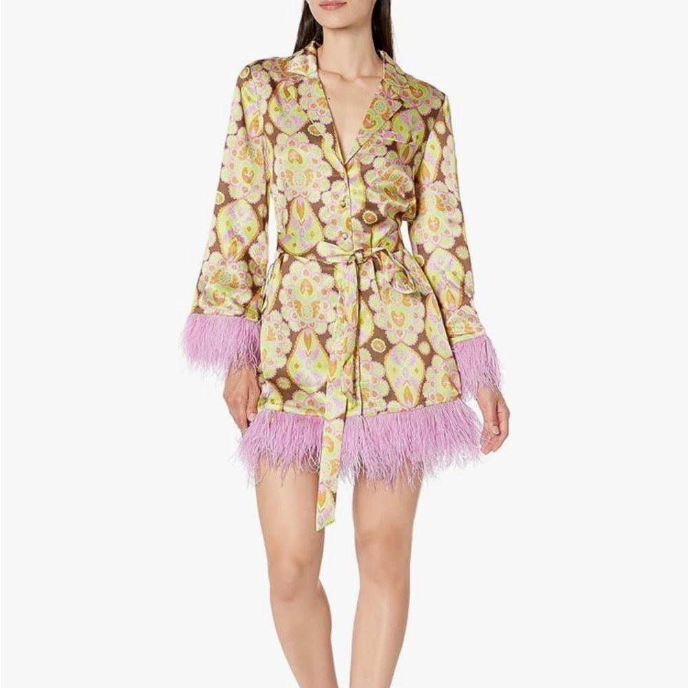 Likely Multicolor Mini Dress with Pink Feather Trim